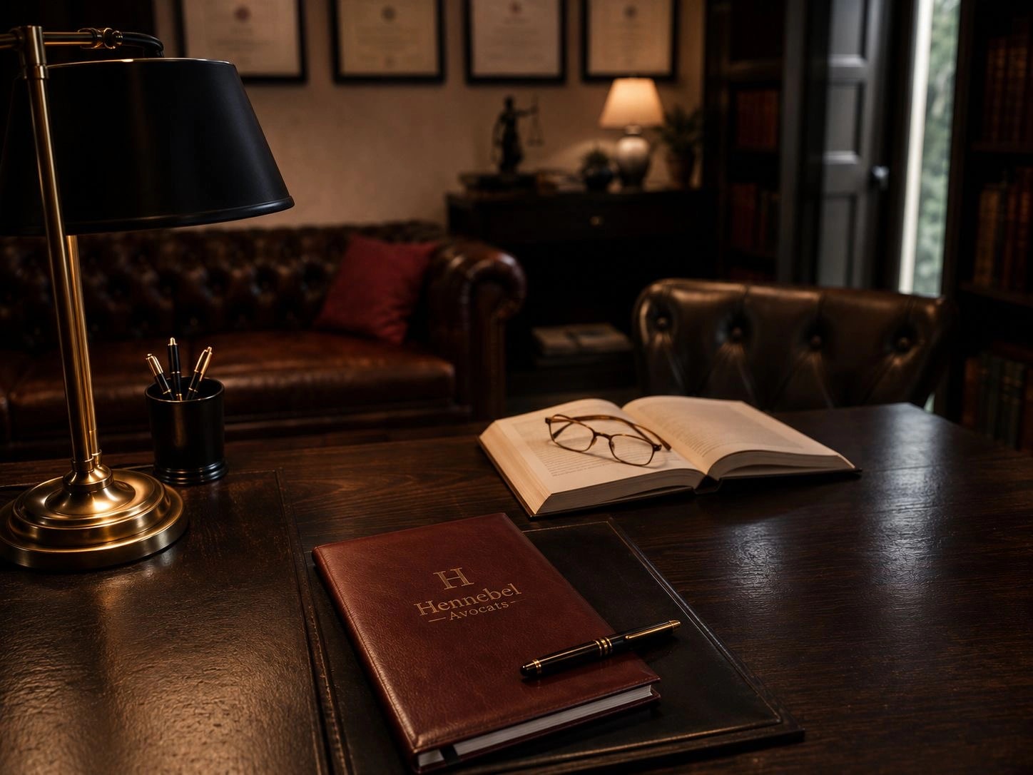 Le bureau du cabinet Hennebel Avocats, au soir