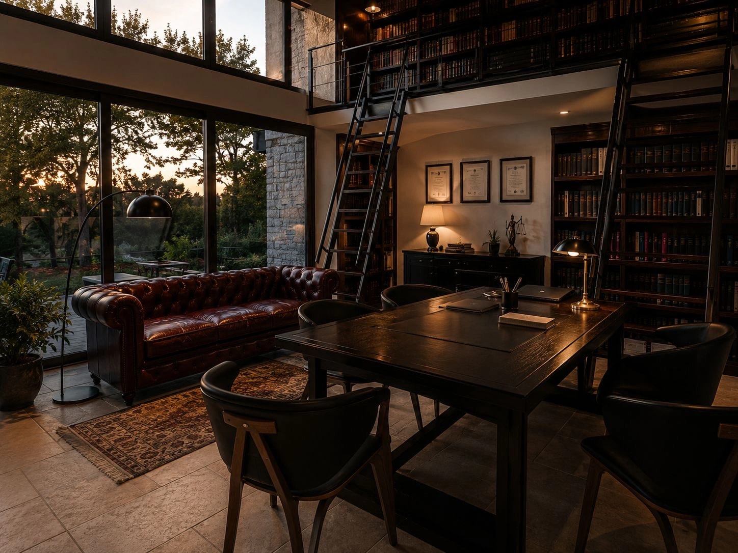 Le cabinet Hennebel Avocats au crépuscule, bibliothèque ouverte sur la forêt